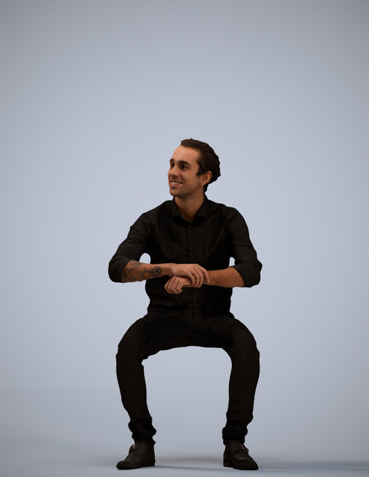 3D human model man casual sitting, photogrammetry scanned person for archviz