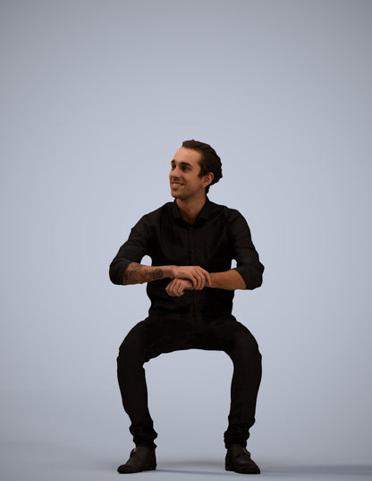 3D human model man casual sitting, photogrammetry scanned person for archviz