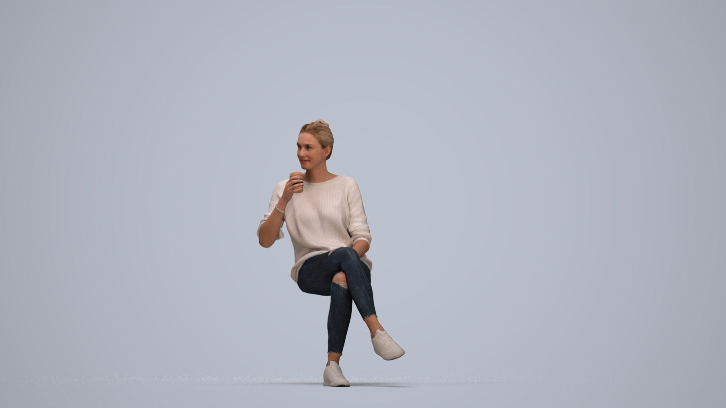 scanned 3D woman casual sitting, photogrammetry people for Enscape and V-Ray, top-down view render