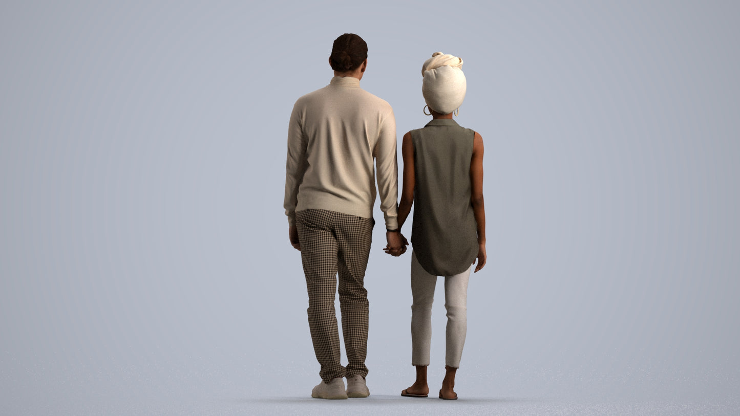 3D human model woman casual couple, photogrammetry scanned person for archviz, front view render