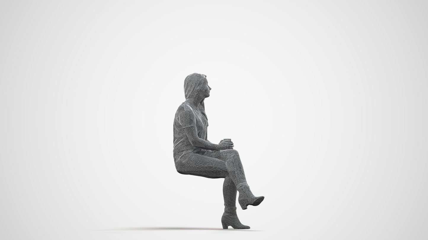 realistic 3D people woman casual sitting, render-ready for V-Ray and Corona, FBX OBJ, wireframe side view