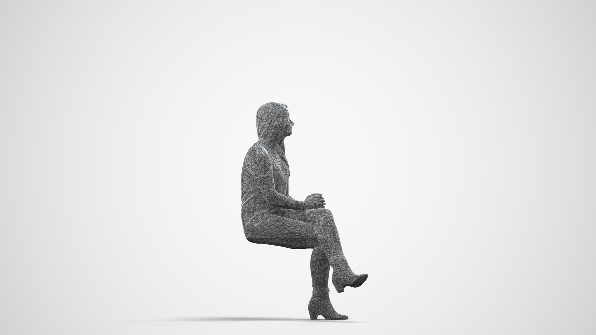 realistic 3D people woman casual sitting, render-ready for V-Ray and Corona, FBX OBJ, wireframe side view