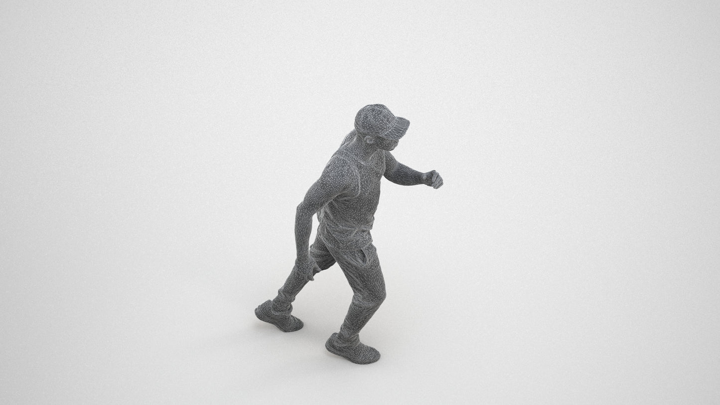 photogrammetry 3D man casual walking, realistic human model archviz FBX, wireframe three-quarter view