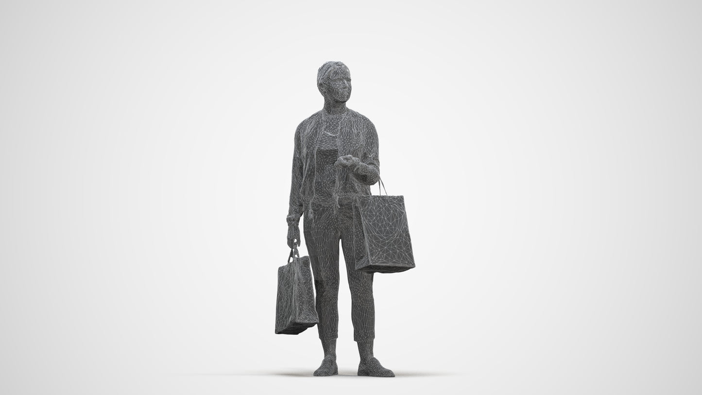 3D scanned woman shopping casual, photorealistic archviz people for Enscape and SketchUp, three-quarter front view render