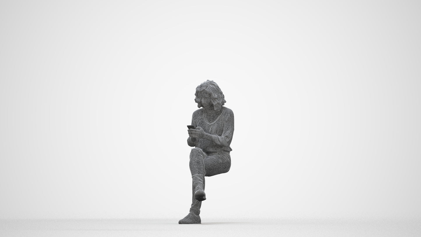 3D human model woman casual sitting, photogrammetry scanned person for archviz, wireframe back view