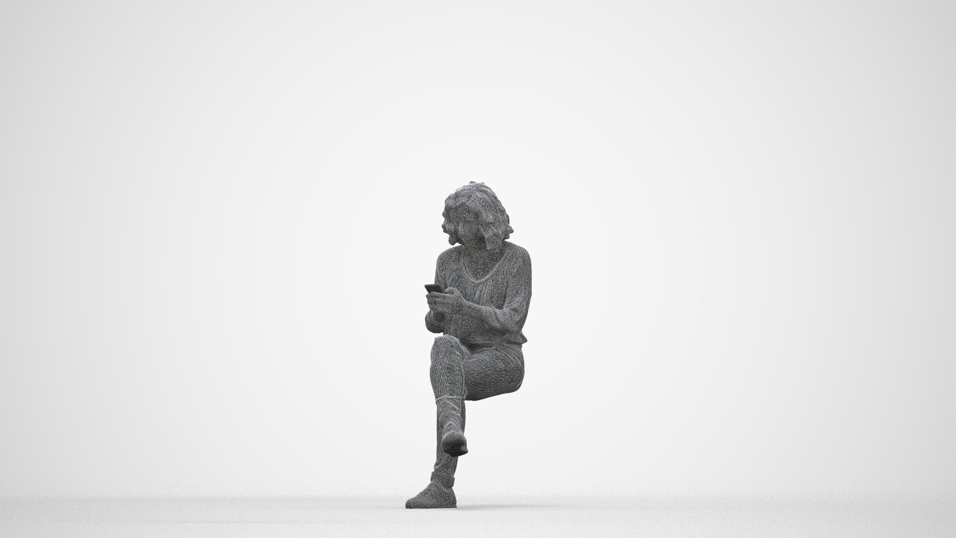 3D human model woman casual sitting, photogrammetry scanned person for archviz, wireframe back view