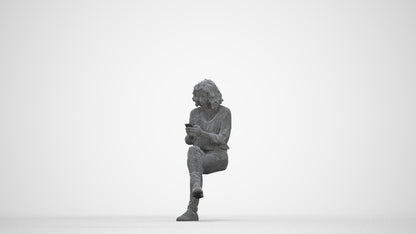 3D human model woman casual sitting, photogrammetry scanned person for archviz, wireframe back view