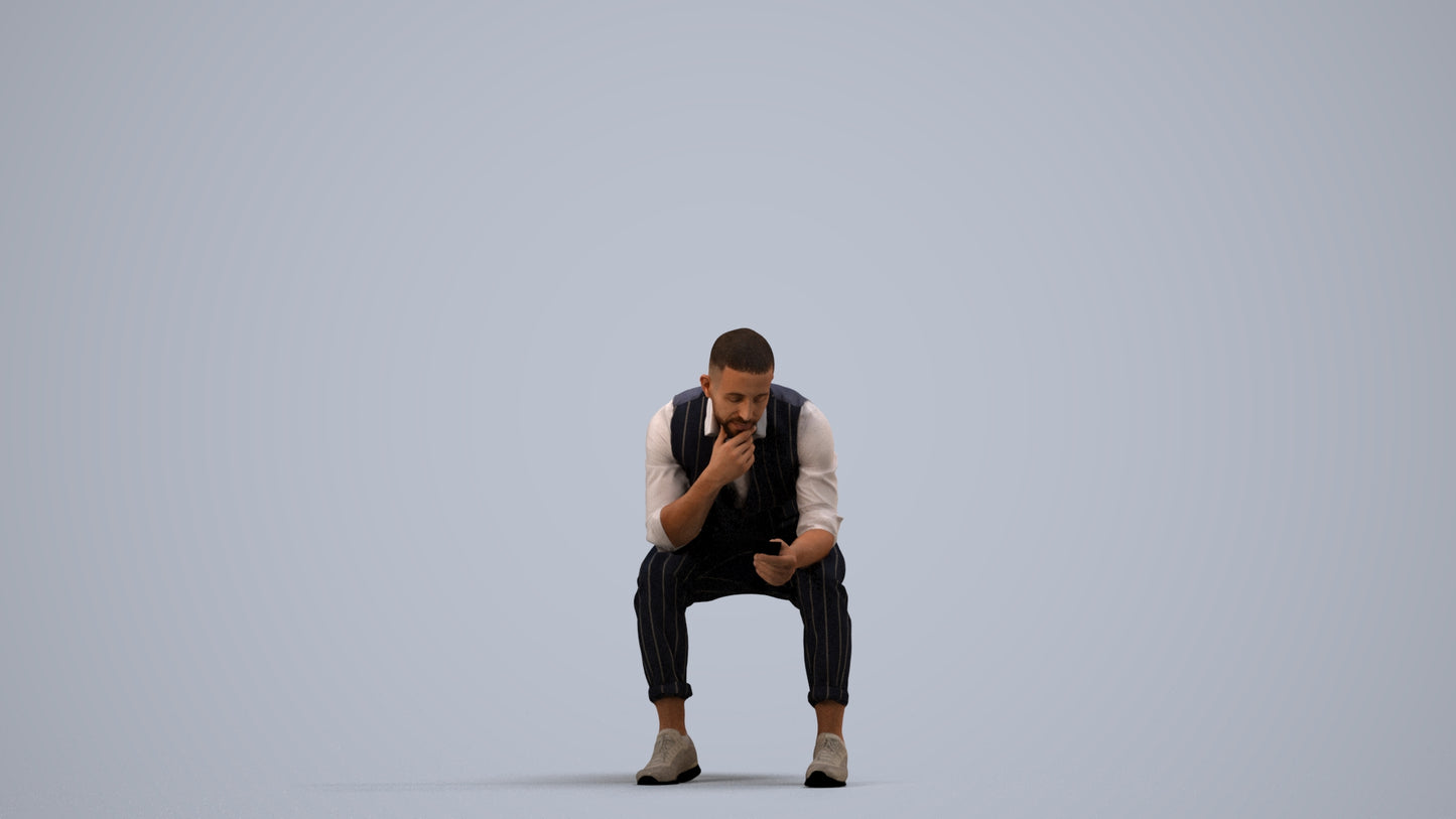 3D scanned man sitting business, photorealistic archviz people for Enscape and SketchUp, side view render