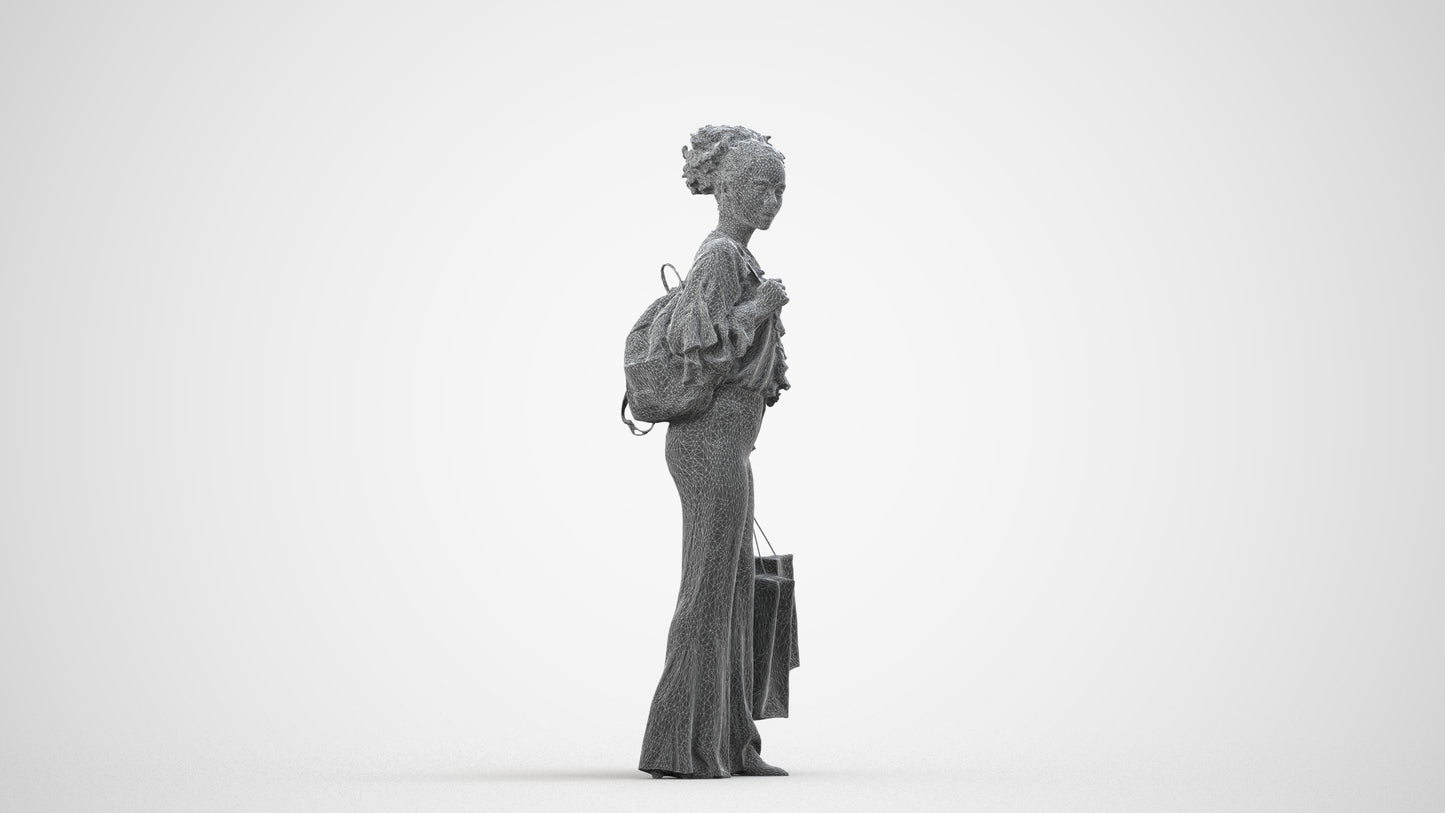 photogrammetry 3D woman casual shopping, realistic human model archviz FBX, wireframe side view