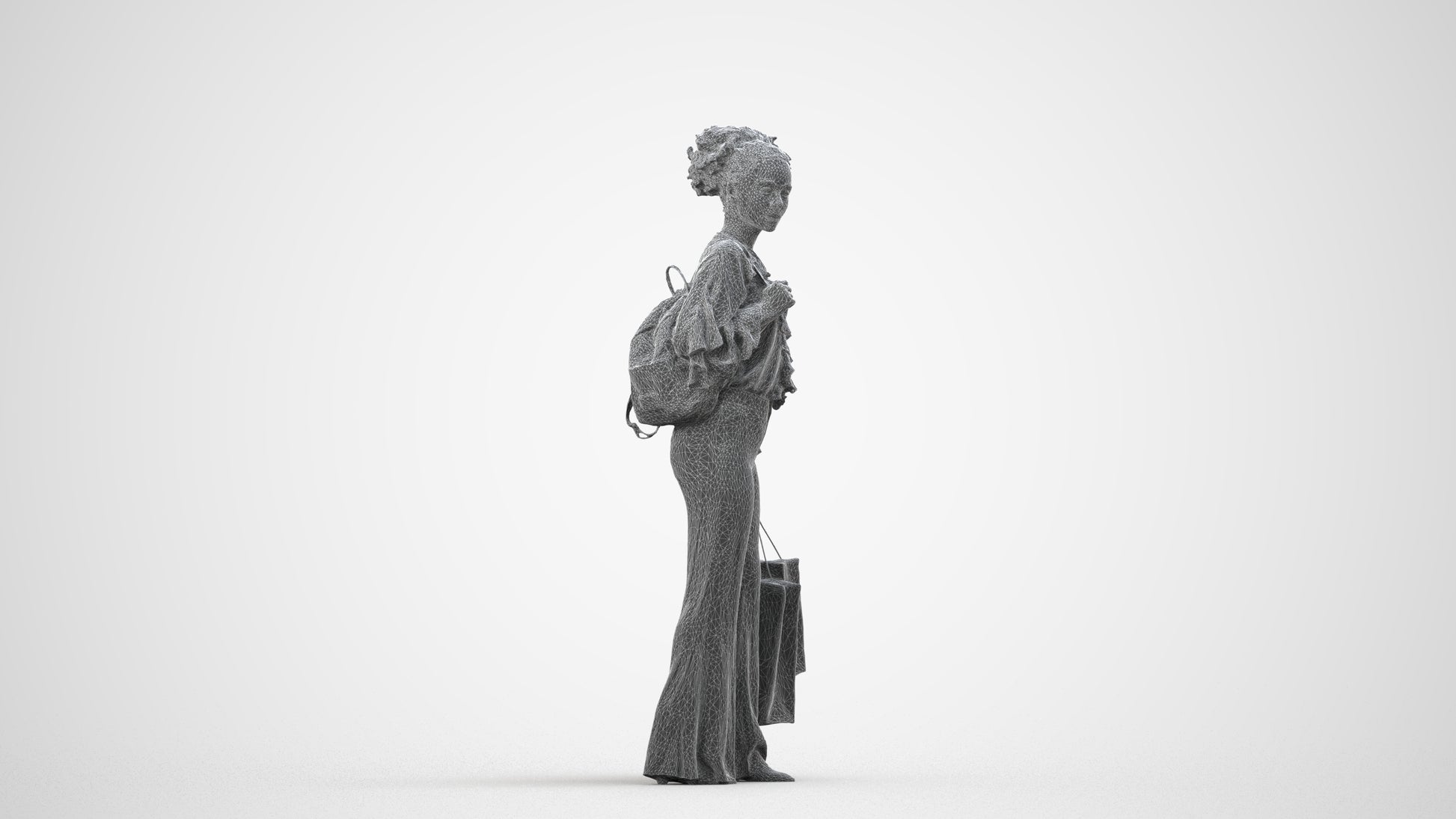 photogrammetry 3D woman casual shopping, realistic human model archviz FBX, wireframe side view