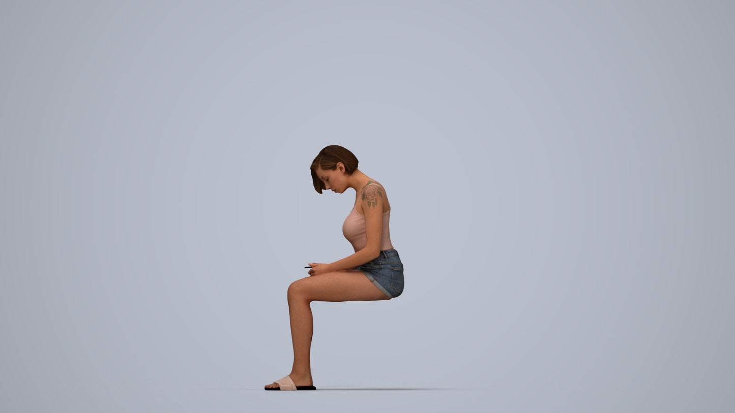 realistic 3D woman casual sitting, scanned archviz people for Blender and 3ds Max, top-down view render