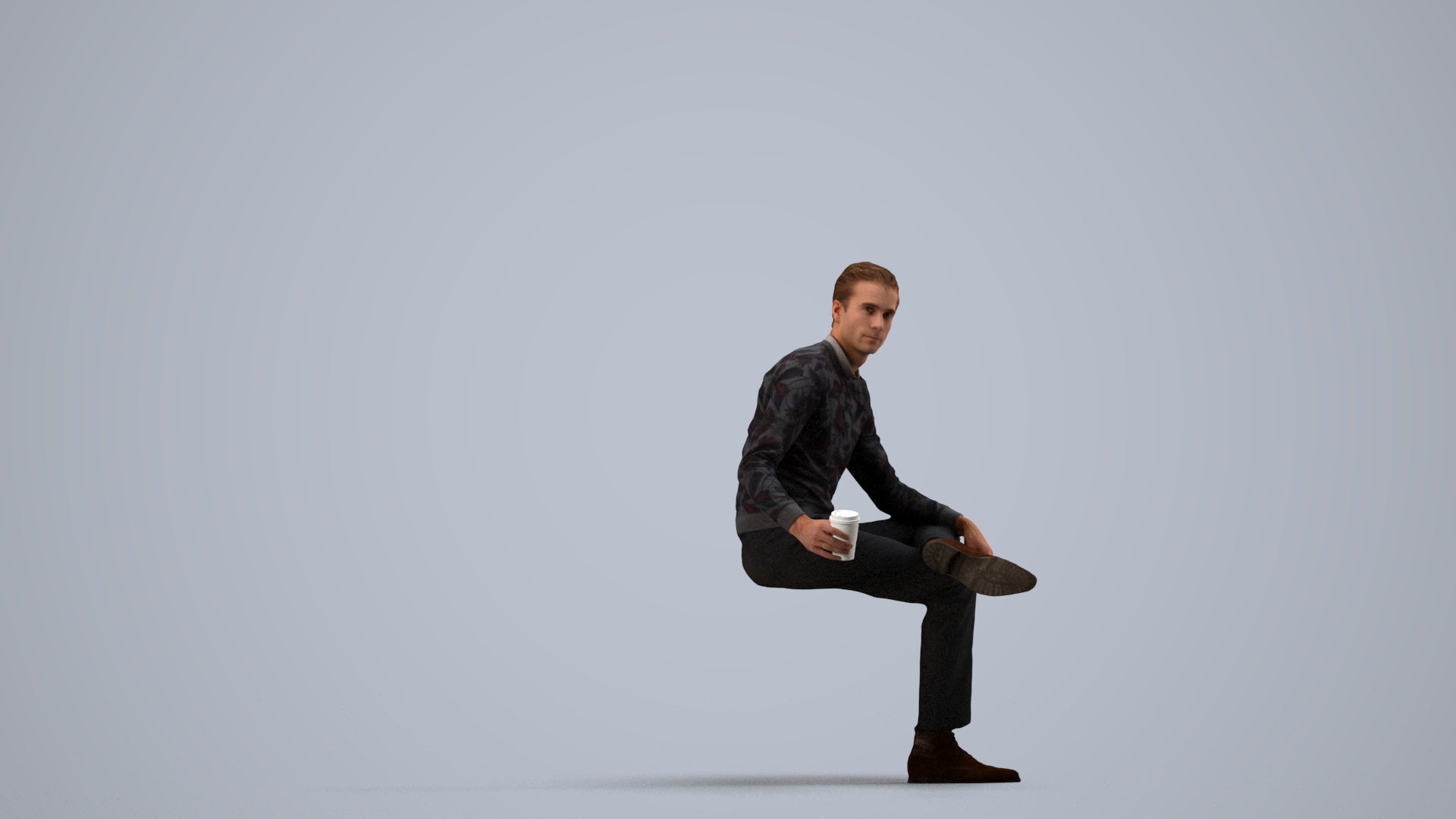 realistic 3D man casual sitting, scanned archviz people for Blender and 3ds Max, side view render