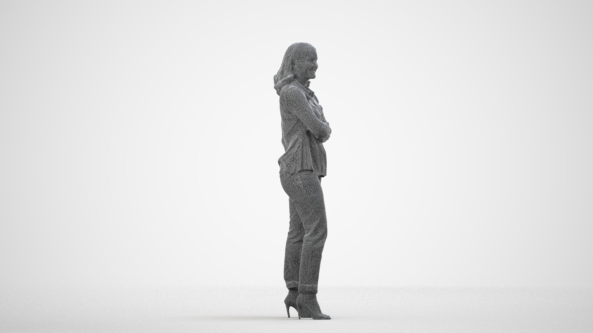 3D scanned woman standing casual, photorealistic archviz people for Enscape and SketchUp, wireframe side view