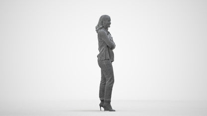 3D scanned woman standing casual, photorealistic archviz people for Enscape and SketchUp, wireframe side view