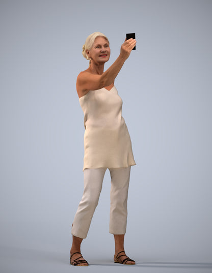 3D human model senior woman casual standing, photogrammetry scanned person for archviz