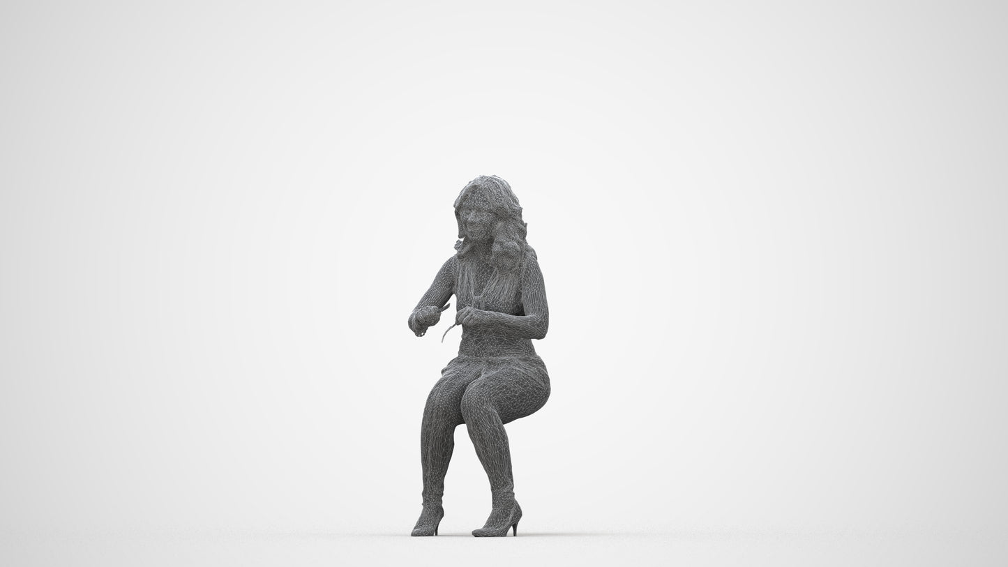 3D human model woman casual sitting, photogrammetry scanned person for archviz, wireframe back view