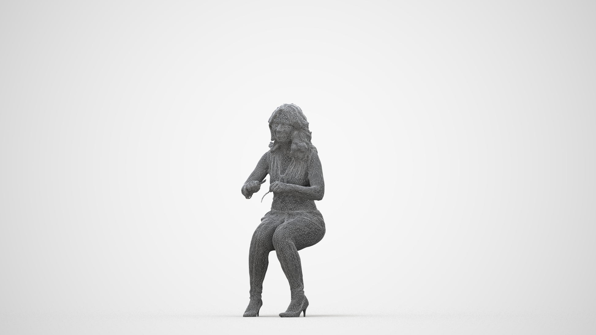 3D human model woman casual sitting, photogrammetry scanned person for archviz, wireframe back view