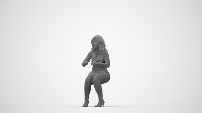 3D human model woman casual sitting, photogrammetry scanned person for archviz, wireframe back view