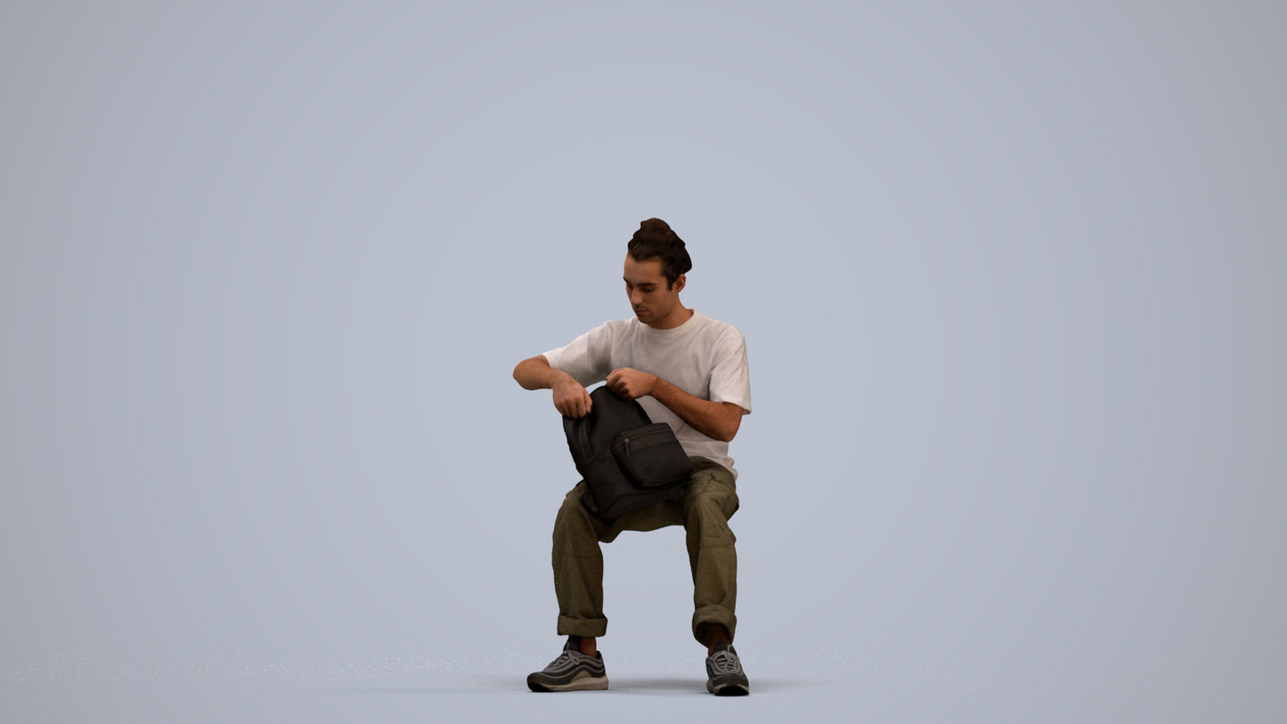 3D human model man casual sitting, photogrammetry scanned person for archviz, standing pose render