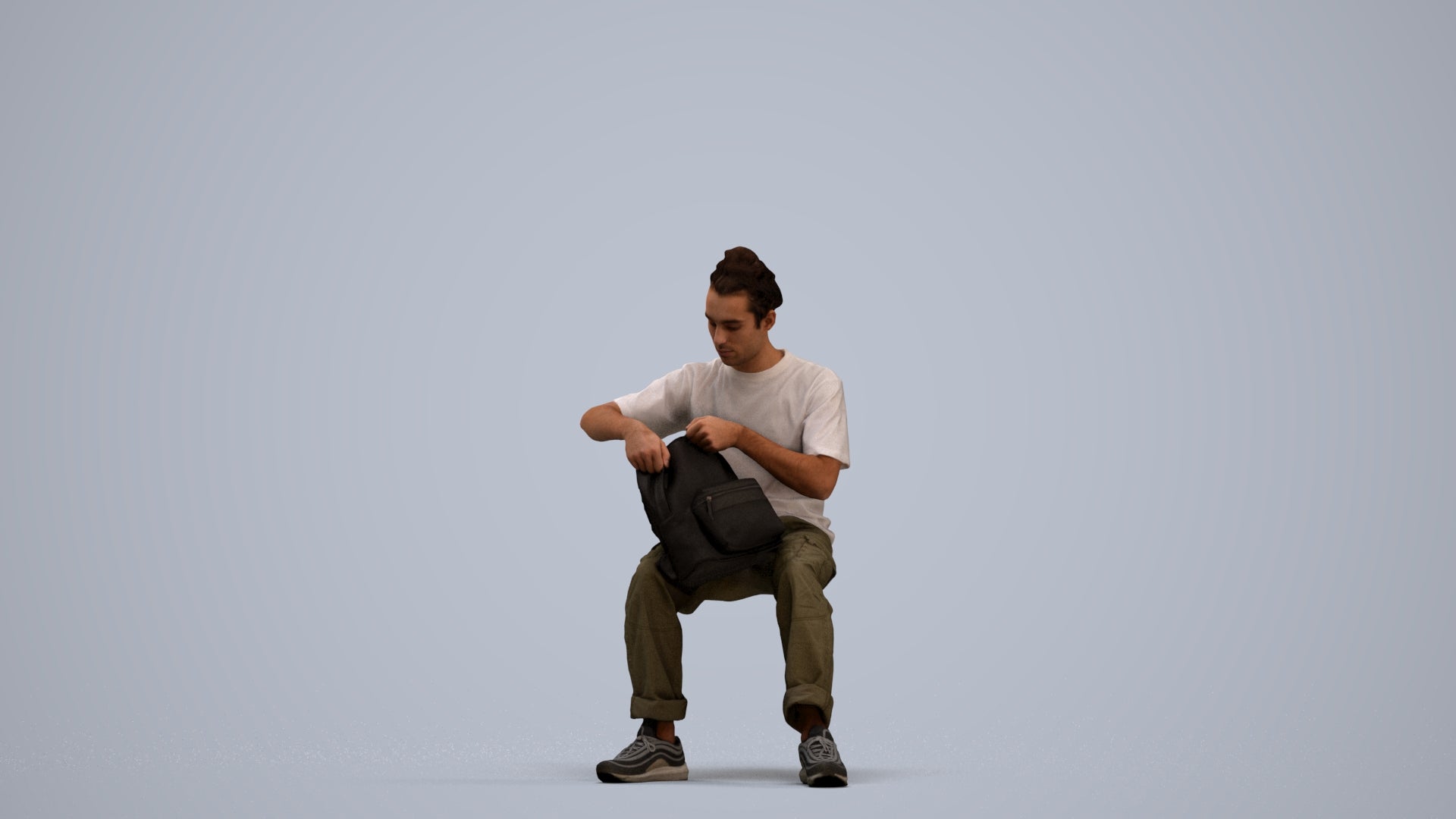 3D human model man casual sitting, photogrammetry scanned person for archviz, standing pose render