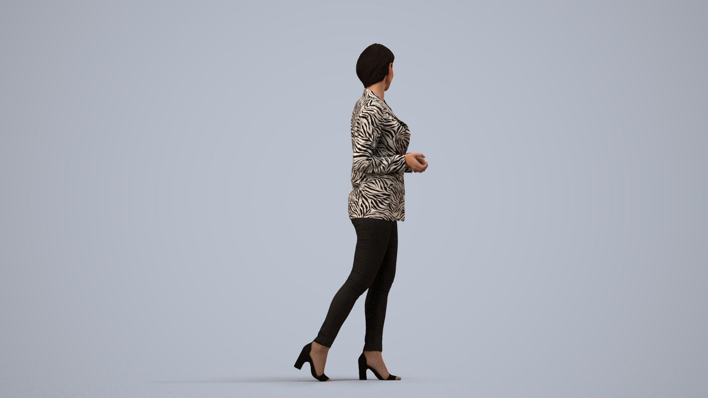 realistic 3D human woman business walking, archviz people FBX OBJ for Blender, side view render