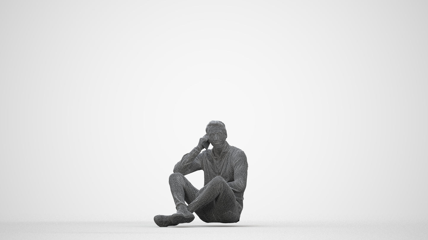 3D scanned man sitting casual, photorealistic archviz people for Enscape and SketchUp, wireframe back view