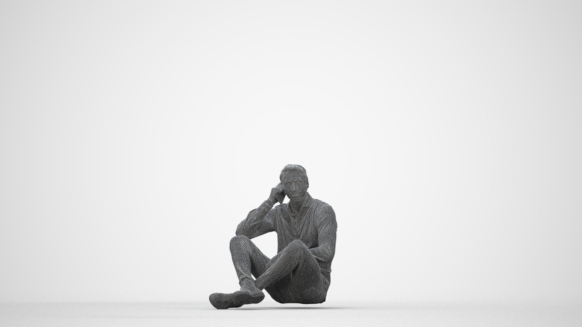 3D scanned man sitting casual, photorealistic archviz people for Enscape and SketchUp, wireframe back view