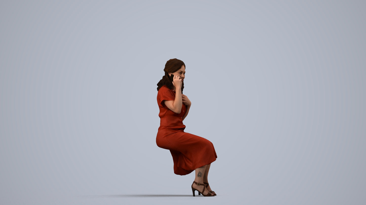 realistic 3D human woman casual sitting, archviz people FBX OBJ for Blender, side view render