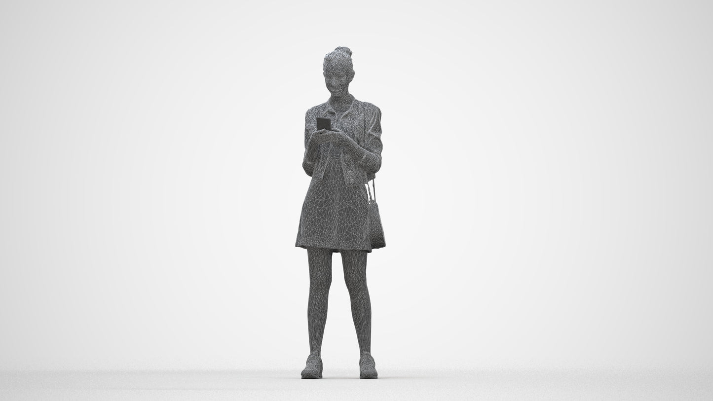 3D human model woman casual standing, photogrammetry scanned person for archviz, wireframe back view