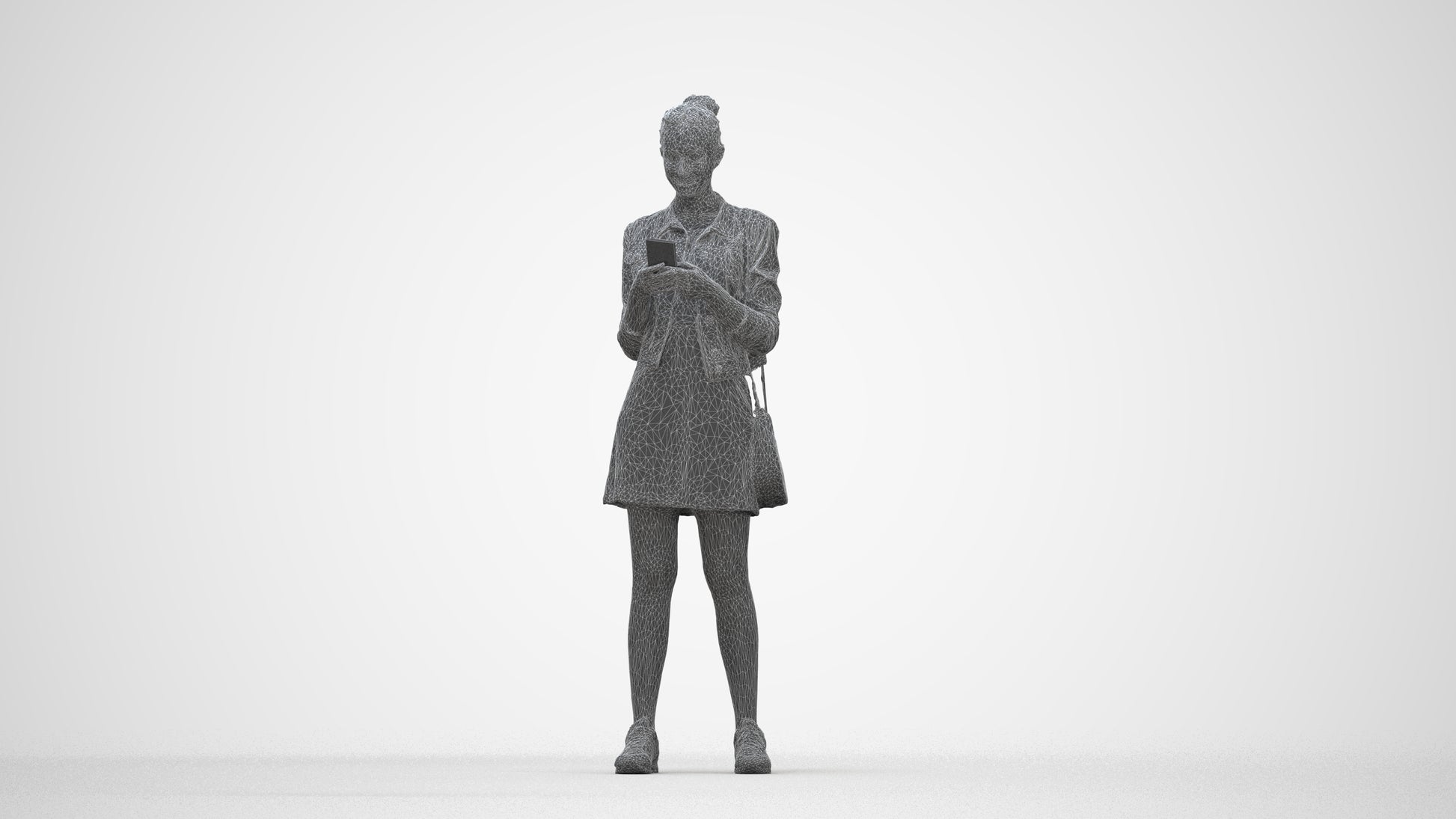 3D human model woman casual standing, photogrammetry scanned person for archviz, wireframe back view