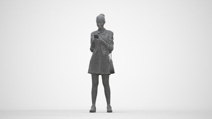 3D human model woman casual standing, photogrammetry scanned person for archviz, wireframe back view