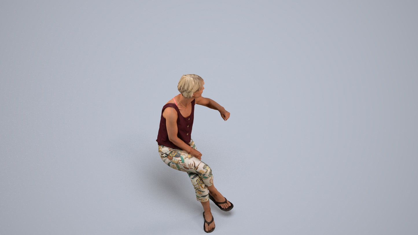 3D scanned senior woman sitting, photorealistic archviz people for Enscape and SketchUp, back view render