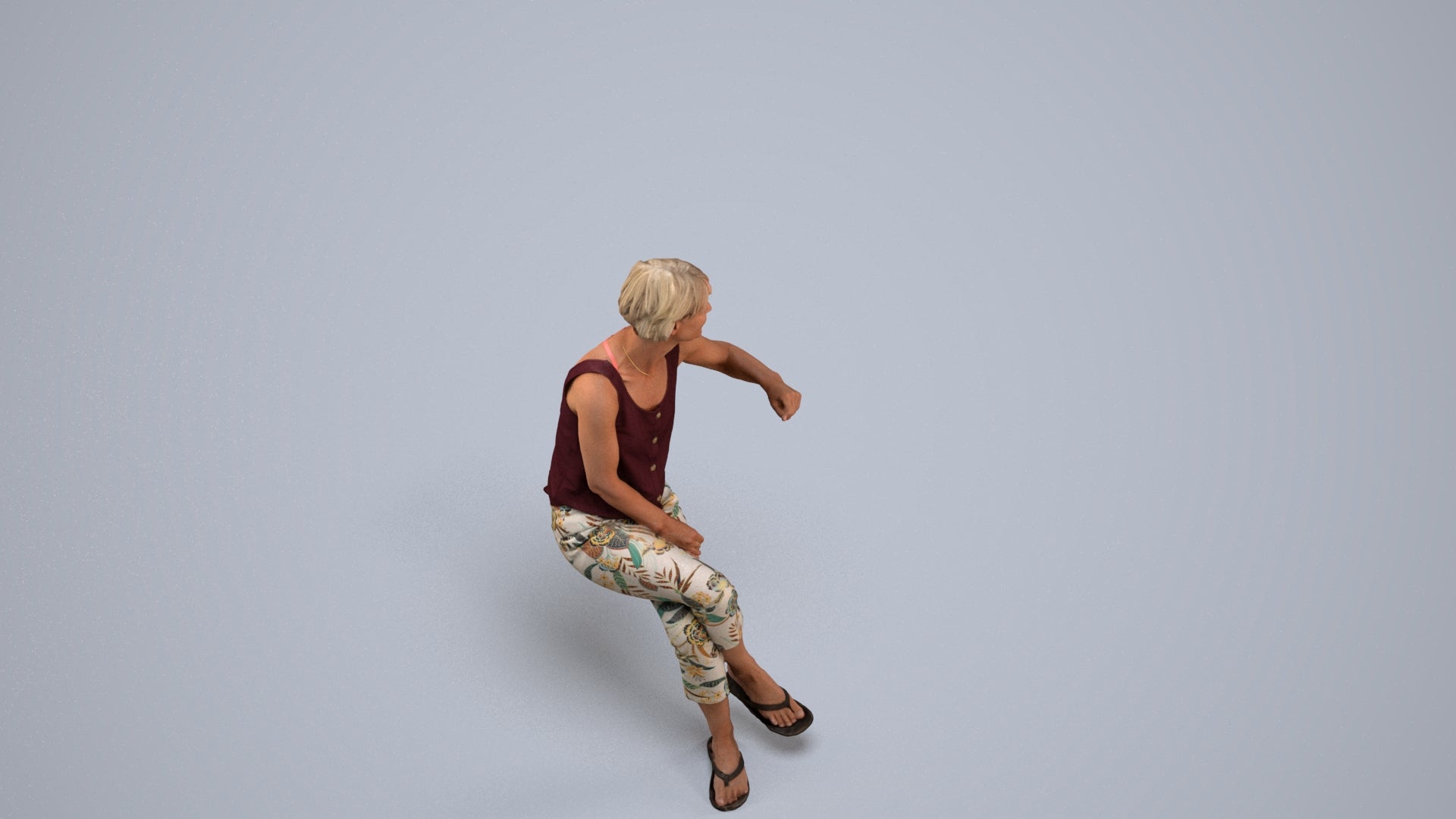 3D scanned senior woman sitting, photorealistic archviz people for Enscape and SketchUp, back view render