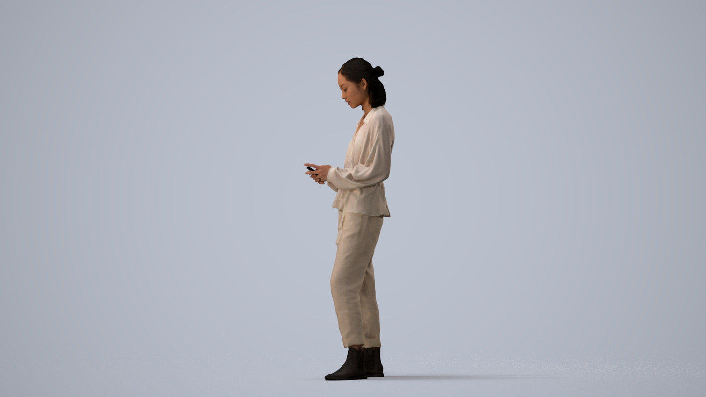realistic 3D woman casual standing, scanned archviz people for Blender and 3ds Max, three-quarter view render