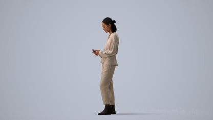 realistic 3D woman casual standing, scanned archviz people for Blender and 3ds Max, three-quarter view render