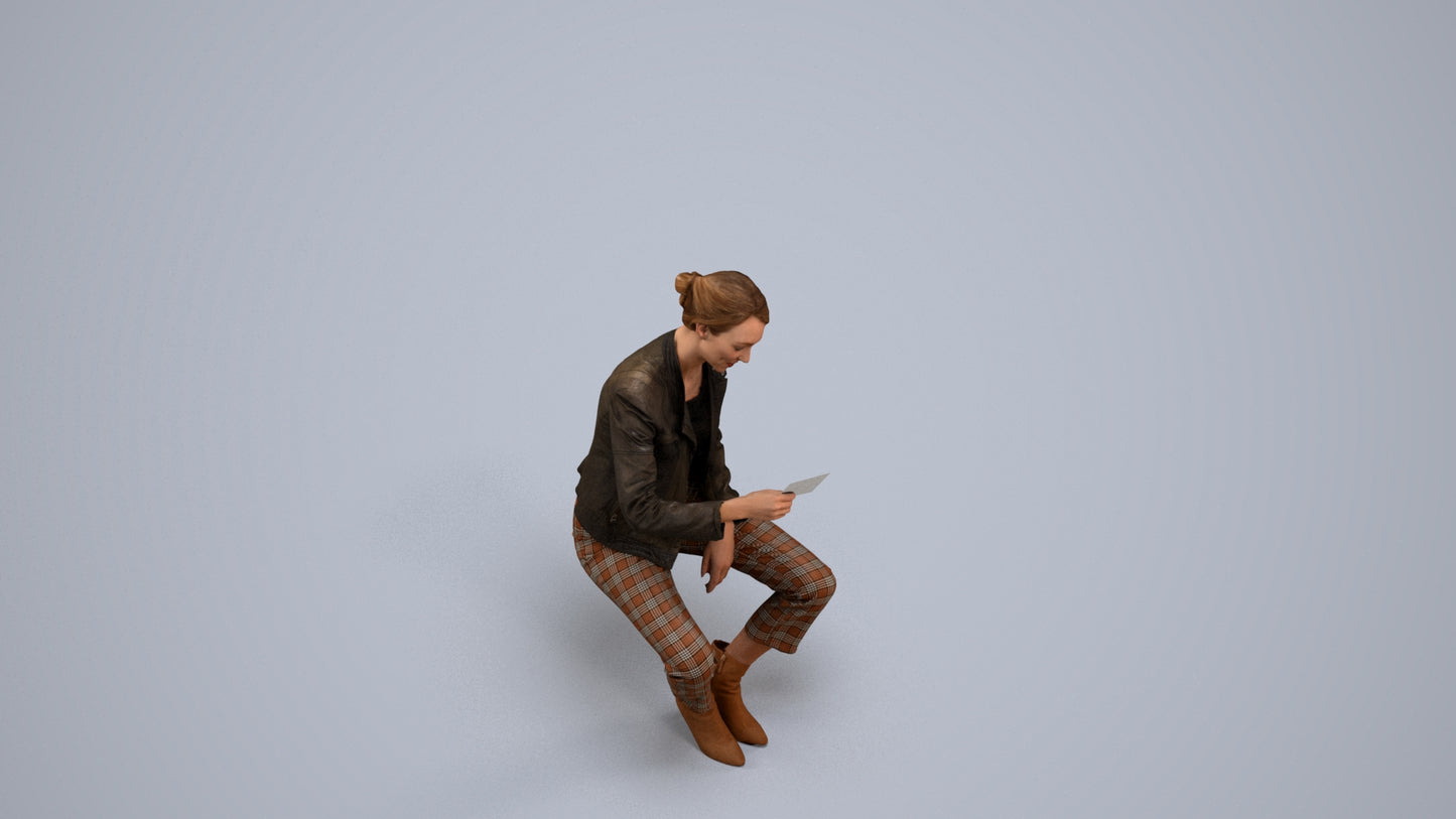 realistic 3D woman business sitting, scanned archviz people for Blender and 3ds Max, back view render