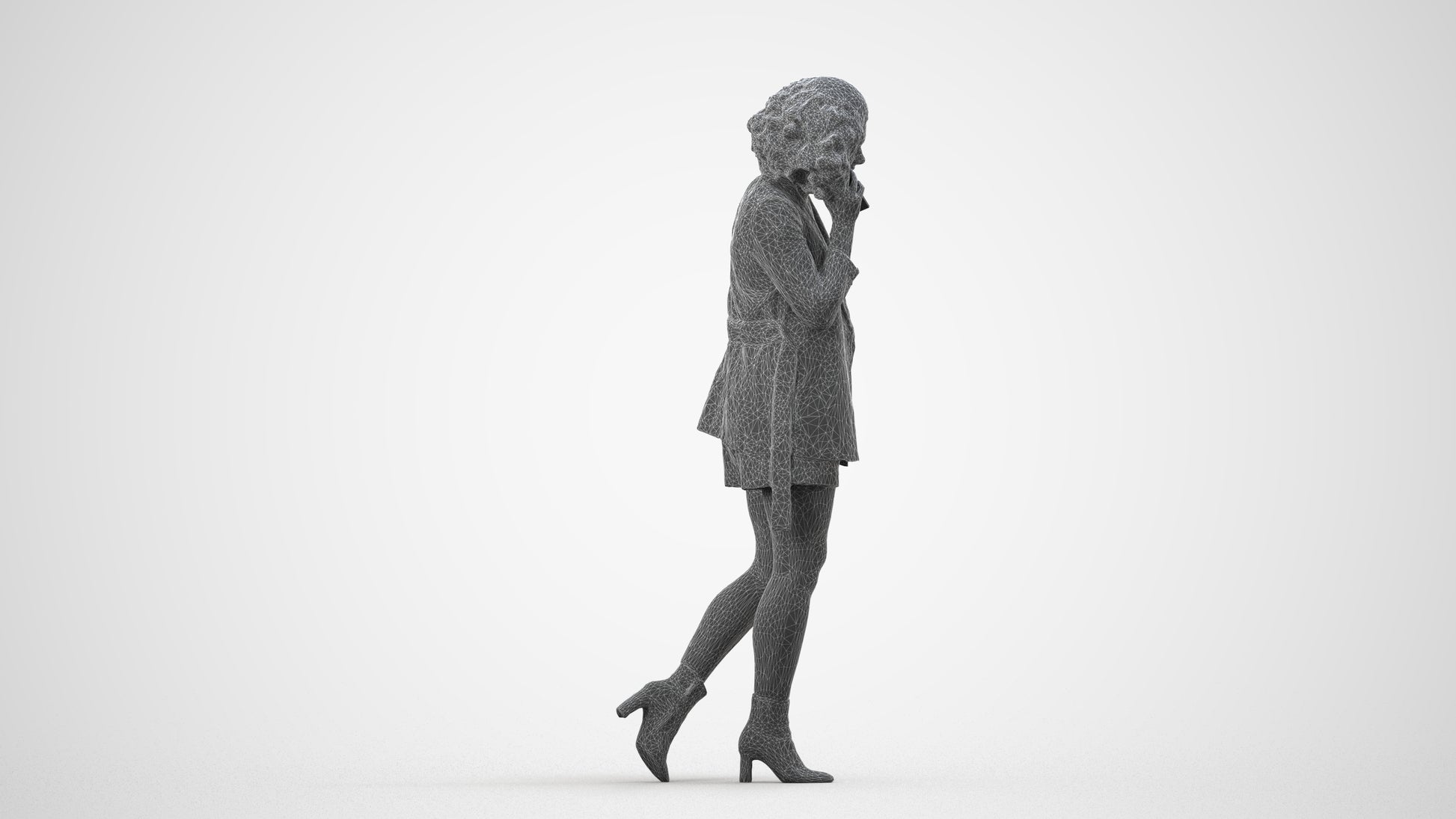 3D scanned woman walking business, photorealistic archviz people for Enscape and SketchUp, wireframe side view