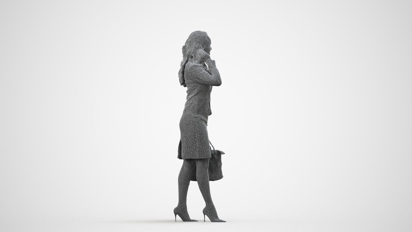 3D scanned woman standing business, photorealistic archviz people for Enscape and SketchUp, wireframe side view
