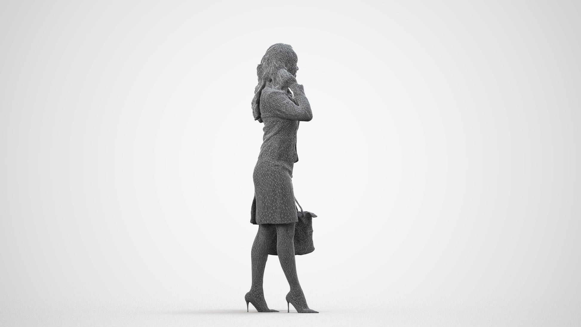 3D scanned woman standing business, photorealistic archviz people for Enscape and SketchUp, wireframe side view