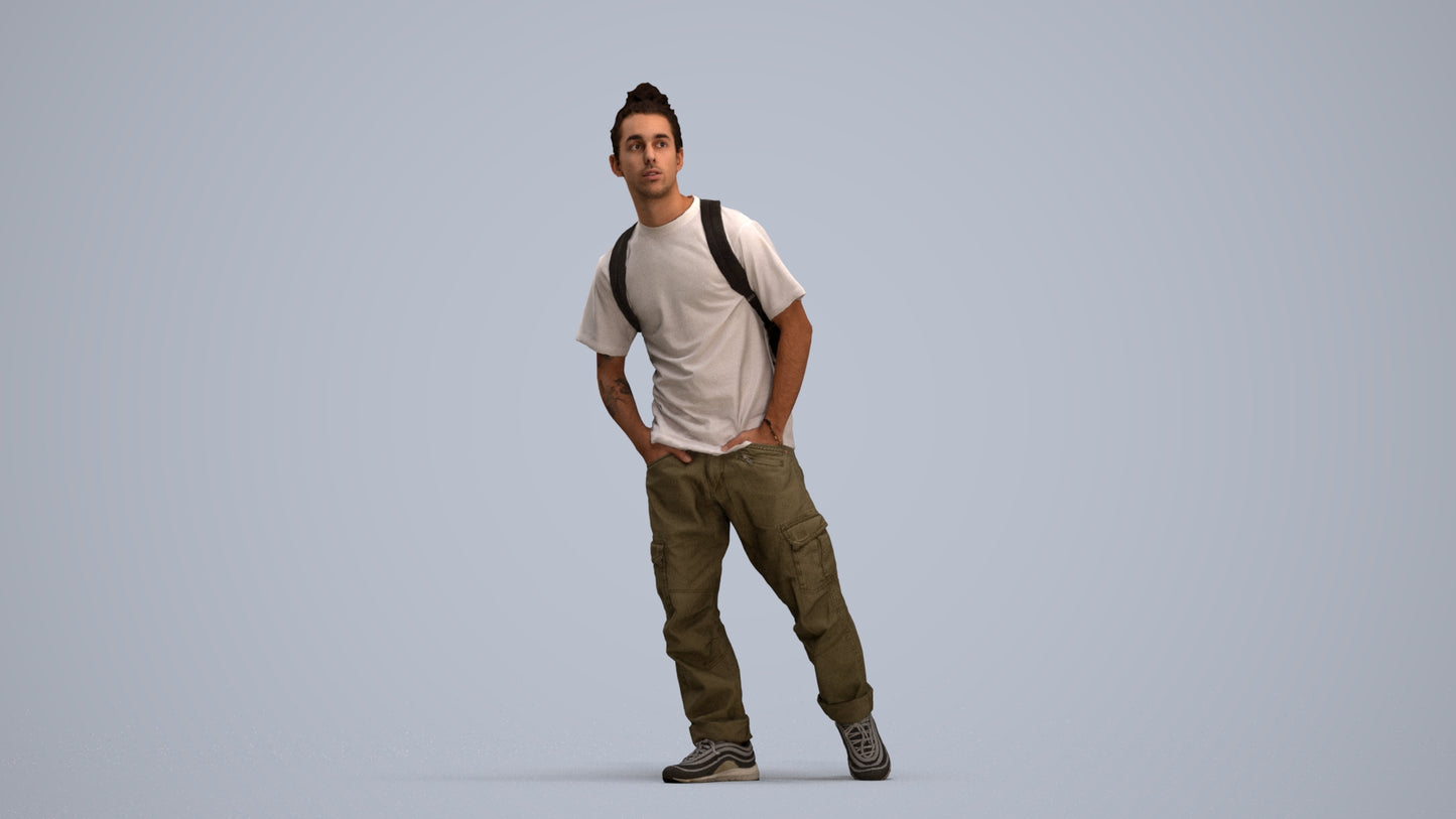 3D human model man casual walking, photogrammetry scanned person for archviz, standing pose render