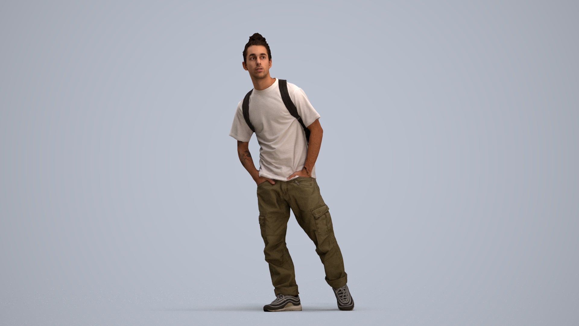 3D human model man casual walking, photogrammetry scanned person for archviz, standing pose render