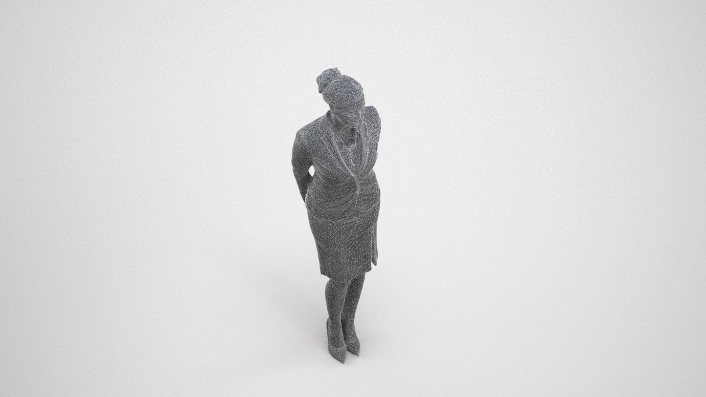 realistic 3D woman hospitality, scanned archviz people for Blender and 3ds Max, wireframe three-quarter view