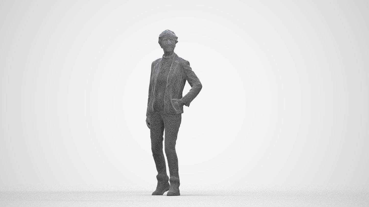 realistic 3D human senior woman business standing, archviz people FBX OBJ for Blender, wireframe back view