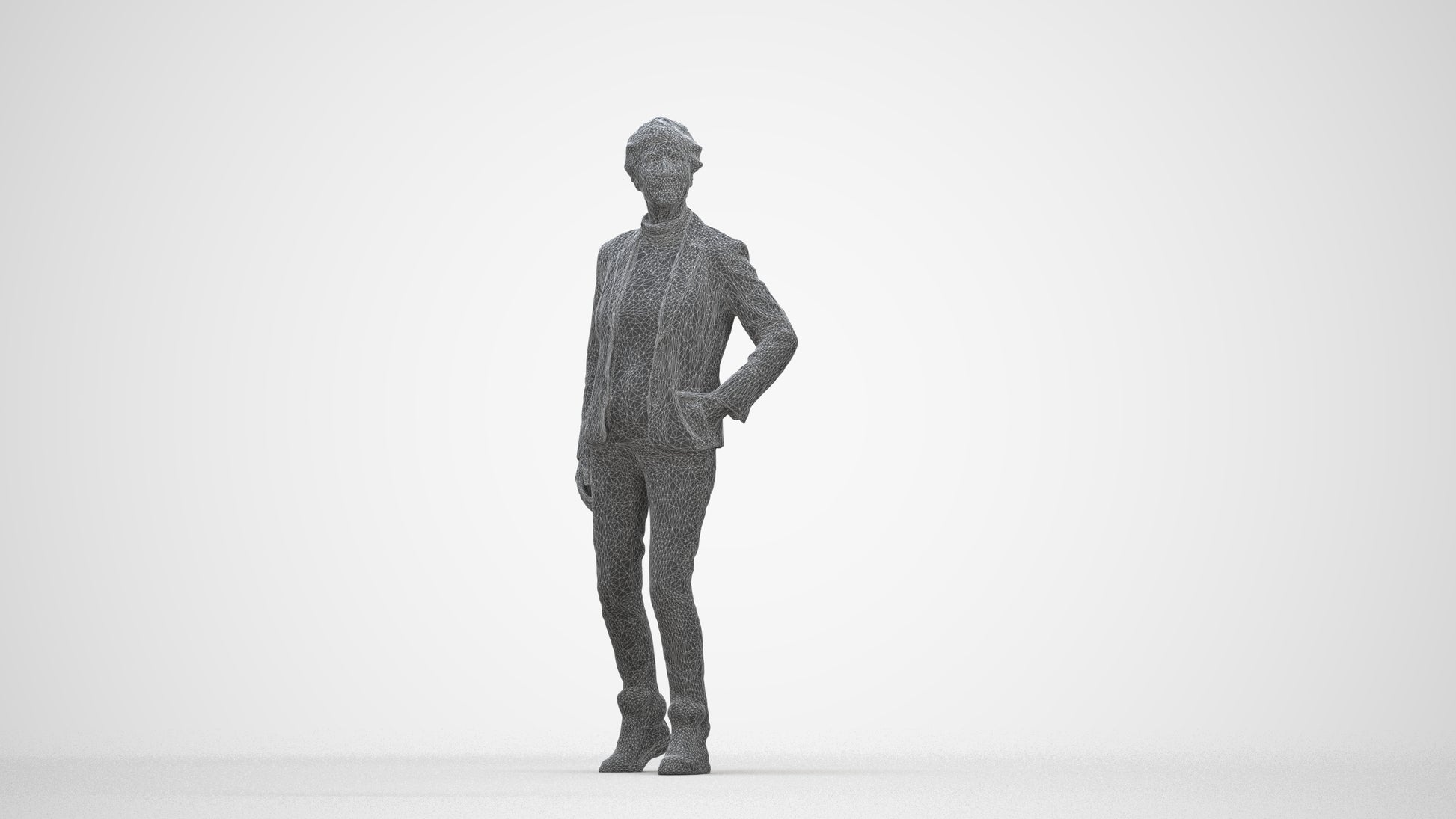 realistic 3D human senior woman business standing, archviz people FBX OBJ for Blender, wireframe back view