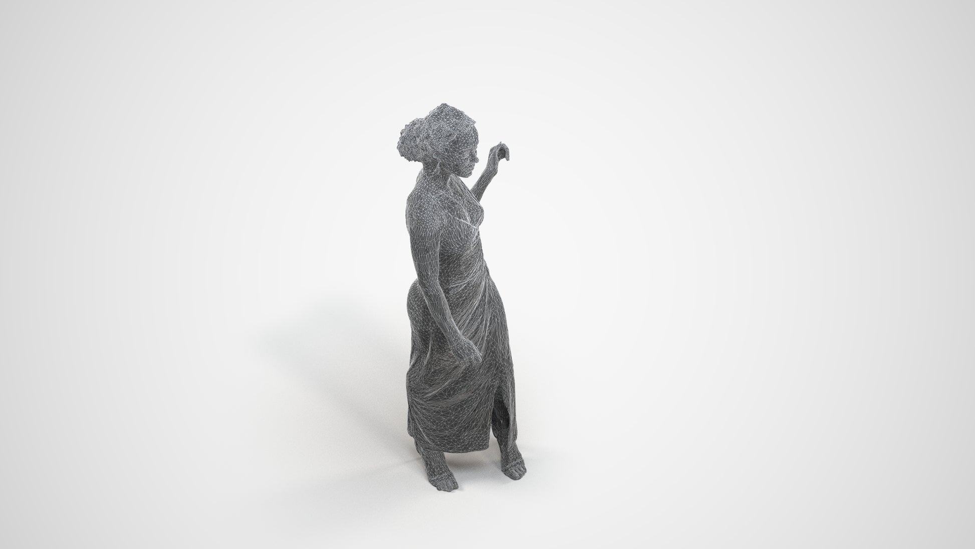 3D human model woman formal formalaffairs, photogrammetry scanned person for archviz, wireframe three-quarter view
