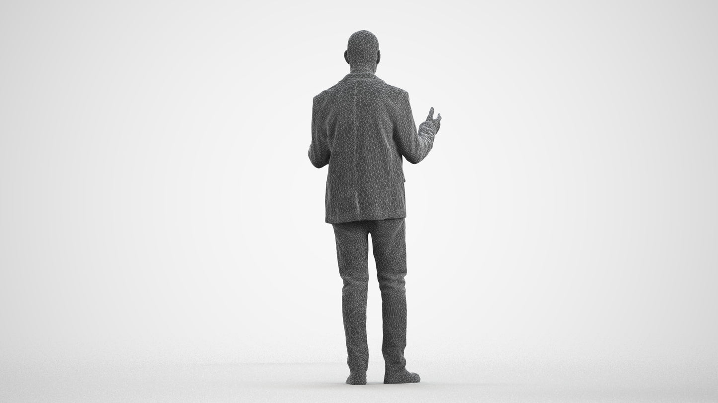3D scanned senior man business, photorealistic archviz people for Enscape and SketchUp, wireframe front view