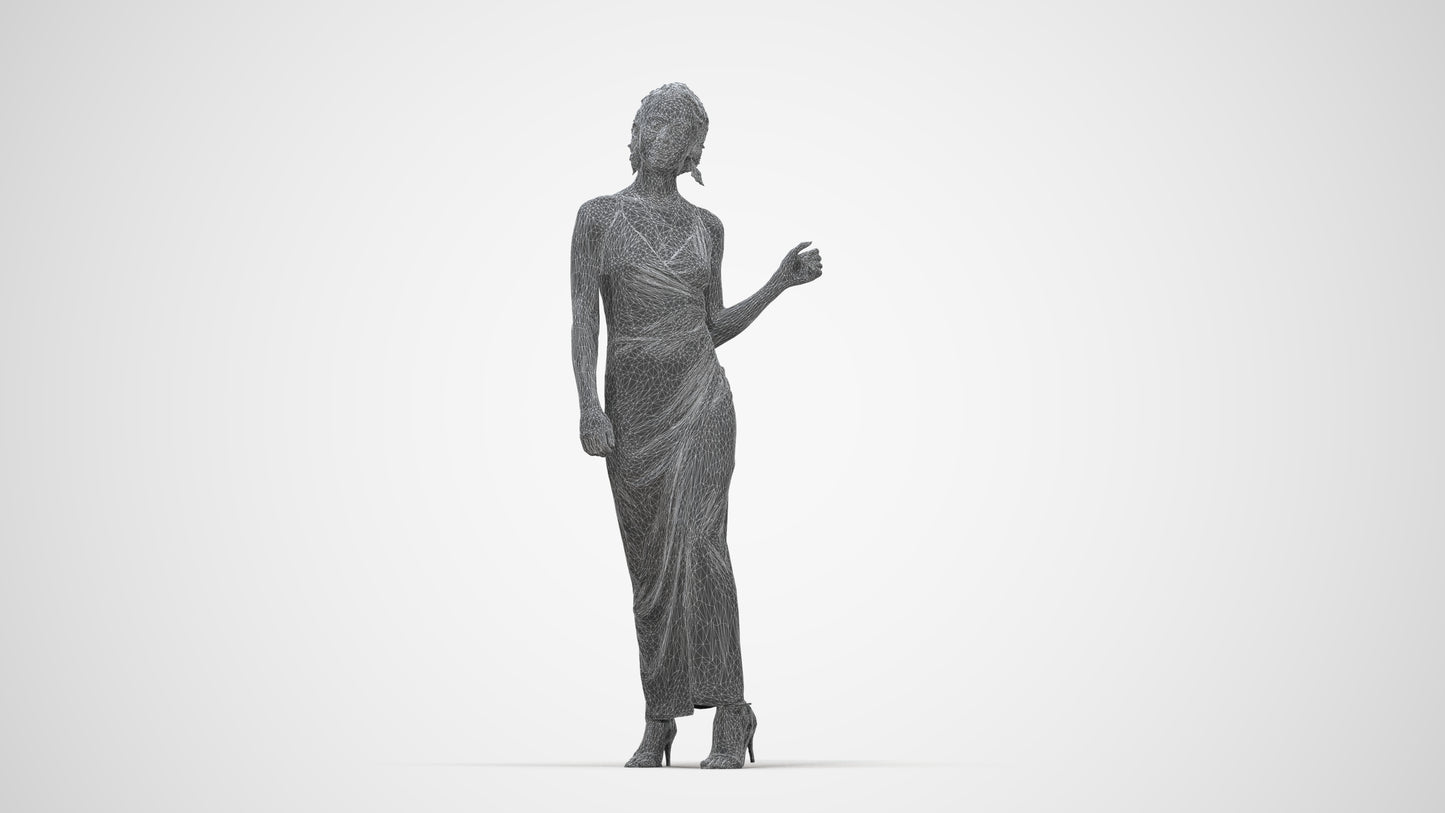 3D human model woman formal formalaffairs, photogrammetry scanned person for archviz, wireframe back view