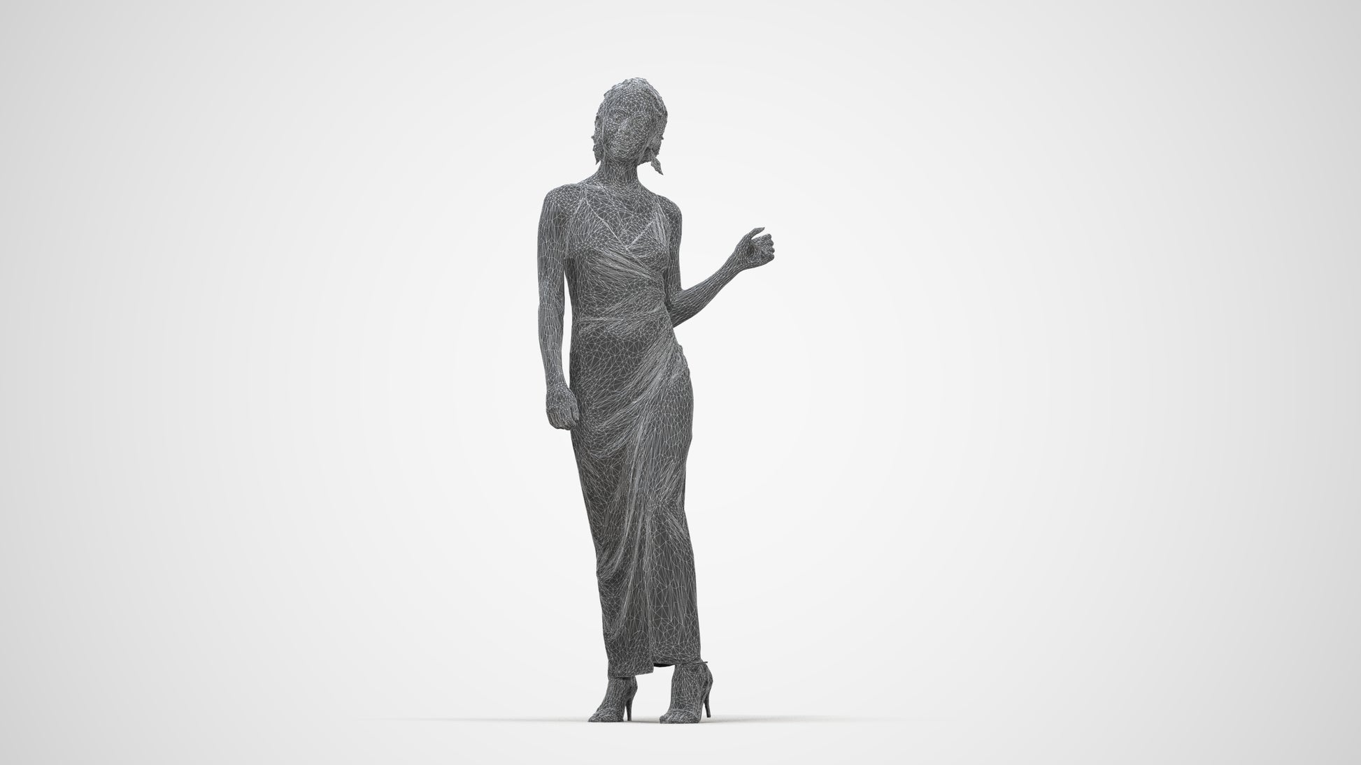 3D human model woman formal formalaffairs, photogrammetry scanned person for archviz, wireframe back view