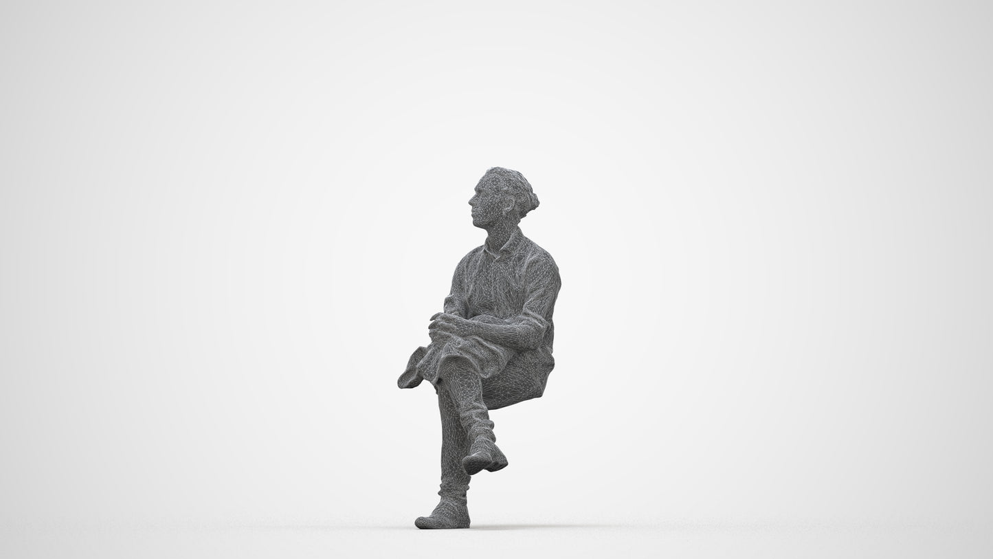 3D scanned man sitting casual, photorealistic archviz people for Enscape and SketchUp, wireframe back view