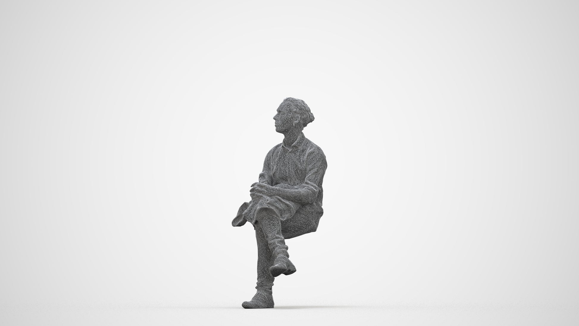 3D scanned man sitting casual, photorealistic archviz people for Enscape and SketchUp, wireframe back view